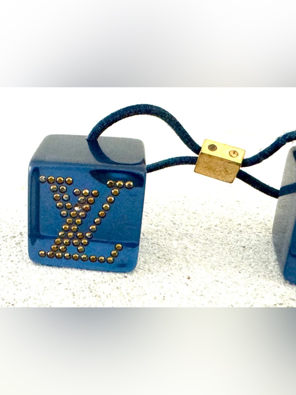 LOUIS VUITTON  Blue Cube Dice Hair Tie LV Studded Resin Gold Tone Elastic Pair - Picture 3 of 6